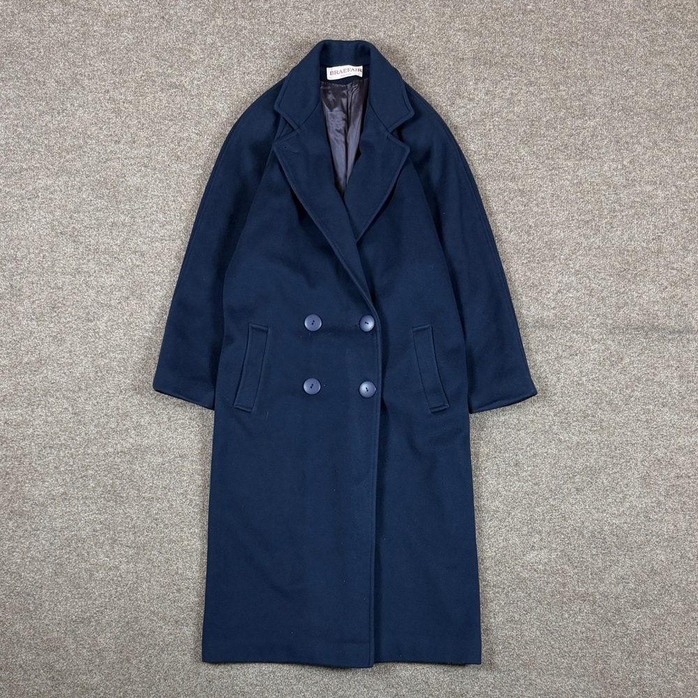 Vintage Braefair Blue 100% Wool Long Double Breasted Coat Women’s M Made in USA